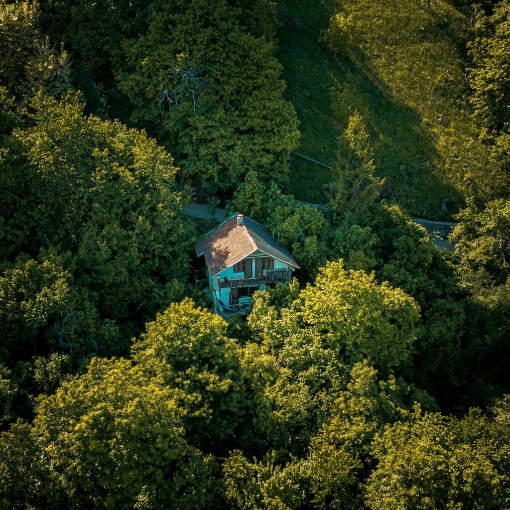 Aerial view of a single house surrounded by dense forest trees in a lush green landscape.